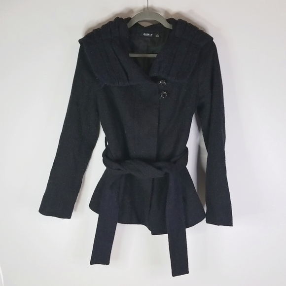Allen B. by Allen Schwartz black wool coat tie waist size Medium EUC 🎯 - Picture 2 of 10